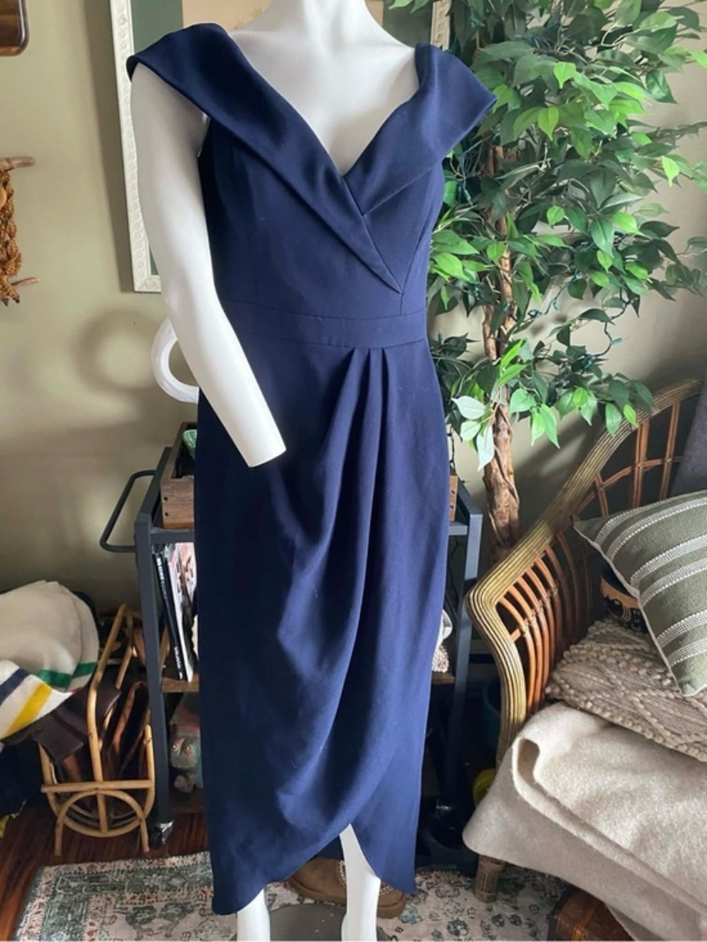 Xscape Navy One-Shoulder V-Neck Pleated Dress